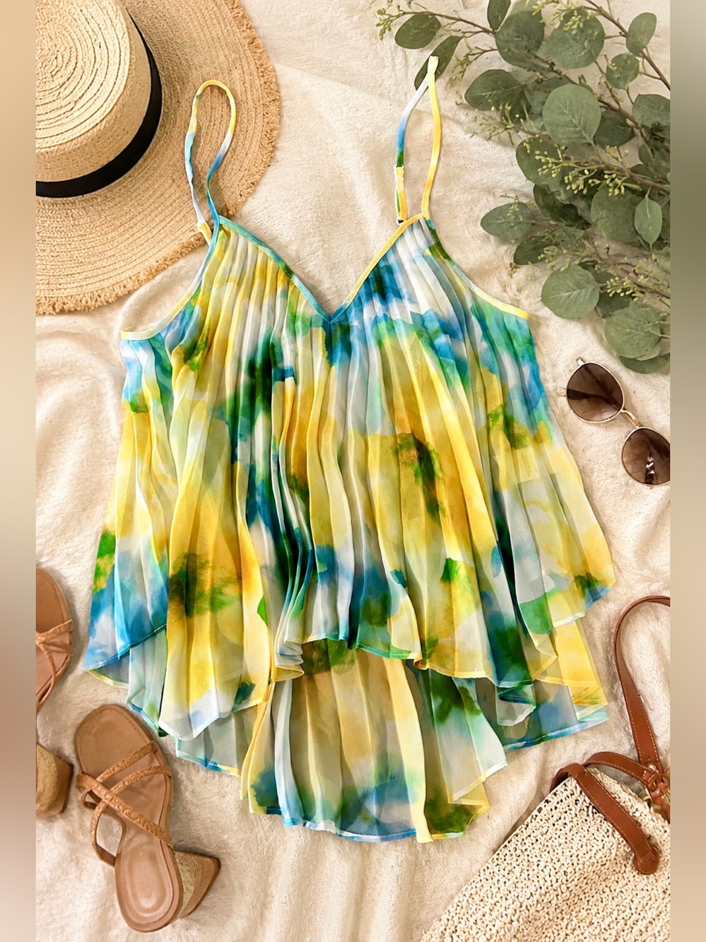 MISA Los Angeles Watercolor Pleated Chiffon Cami Top NWT XS